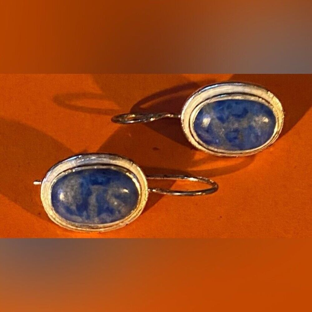 Earrings Sterling Silver Sodalite Blue Oval Stones Estate Pierced Vintage